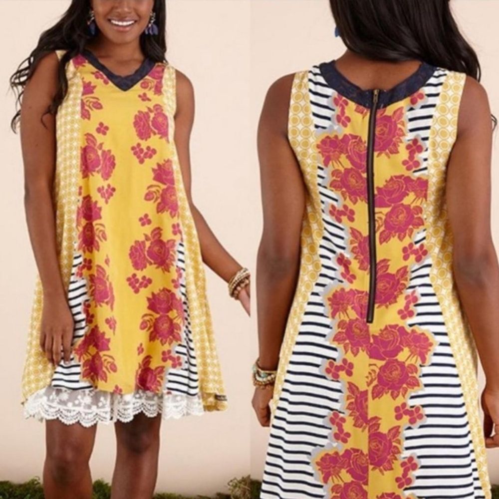 Matilda Jane Dress Womens Small Golden Key Yellow Mixed Print Shift Sleeveless